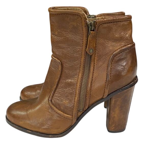 Frye Shoes - FRYE SYLVIA PIPING Bootie Boot Leather Ankle High Heel Zippers Brown Size 9